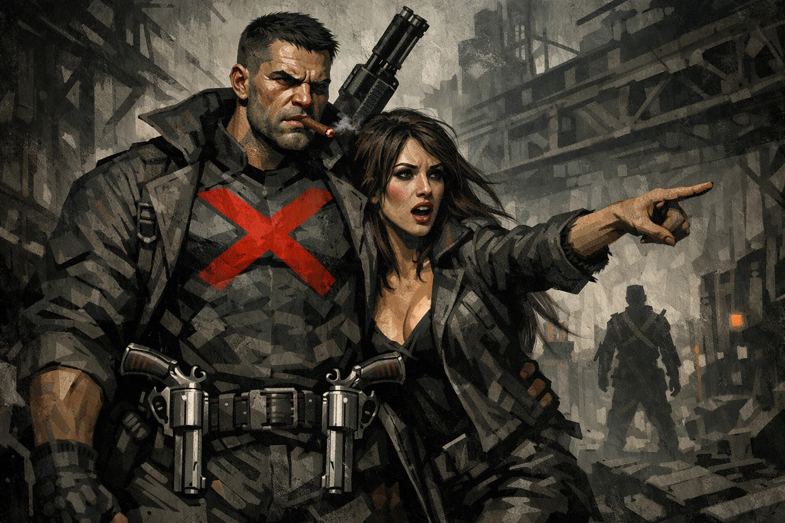 Justiceiro armado furioso e mulher em sombrio noir industrial