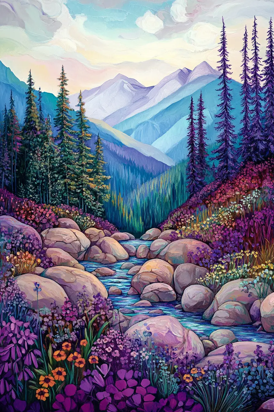 Vibrant mountain river valley with trees and blooming flowers