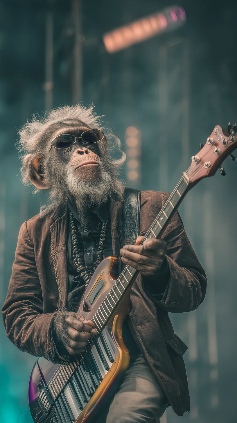 Cinematic chimpanzee keytar performance on a sunny outdoor stage
