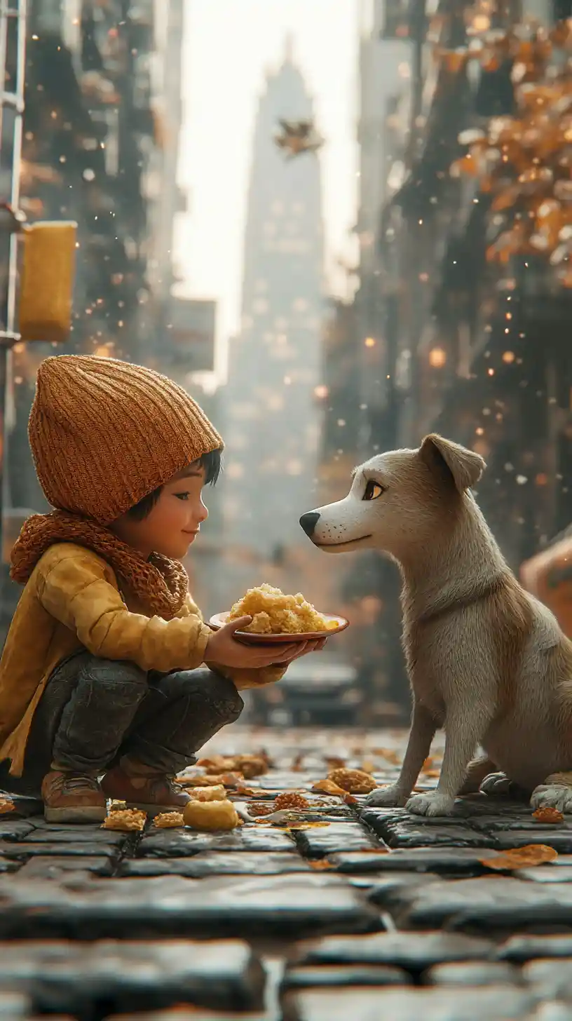 Child sharing food with stray dog on city street