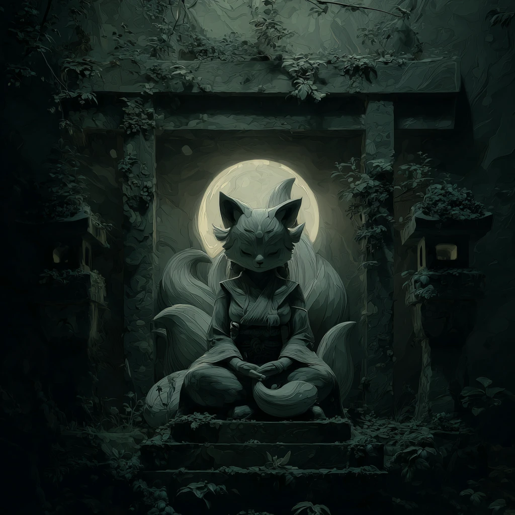 Esprit de kitsune noir mystique gardant un portail de sanctuaire
