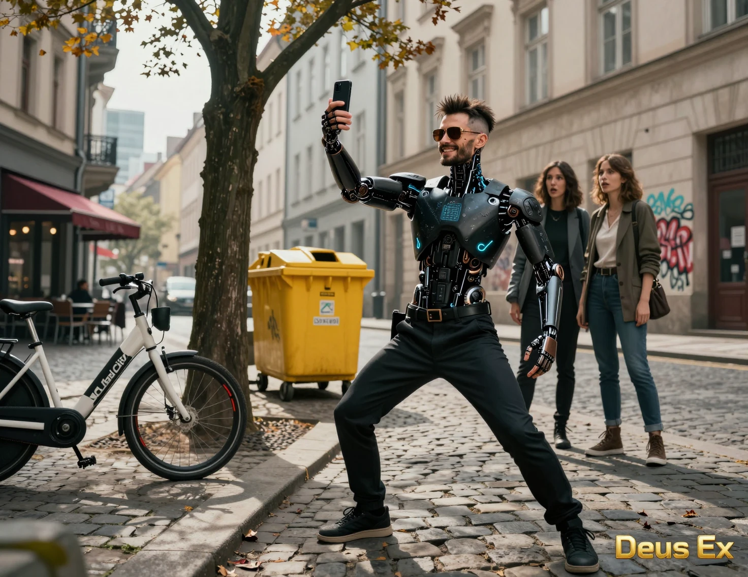 Uomo cibernetico che si scatta un selfie in una strada di Praga