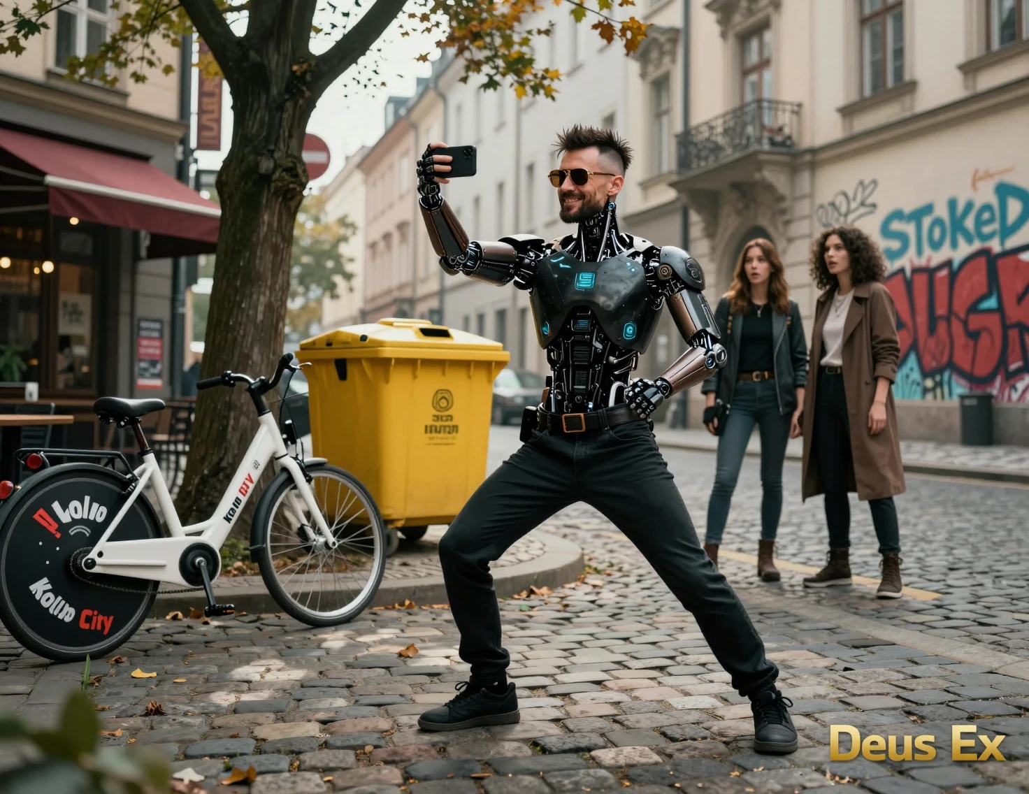 Uomo cibernetico che si scatta un selfie in una strada futuristica di Praga
