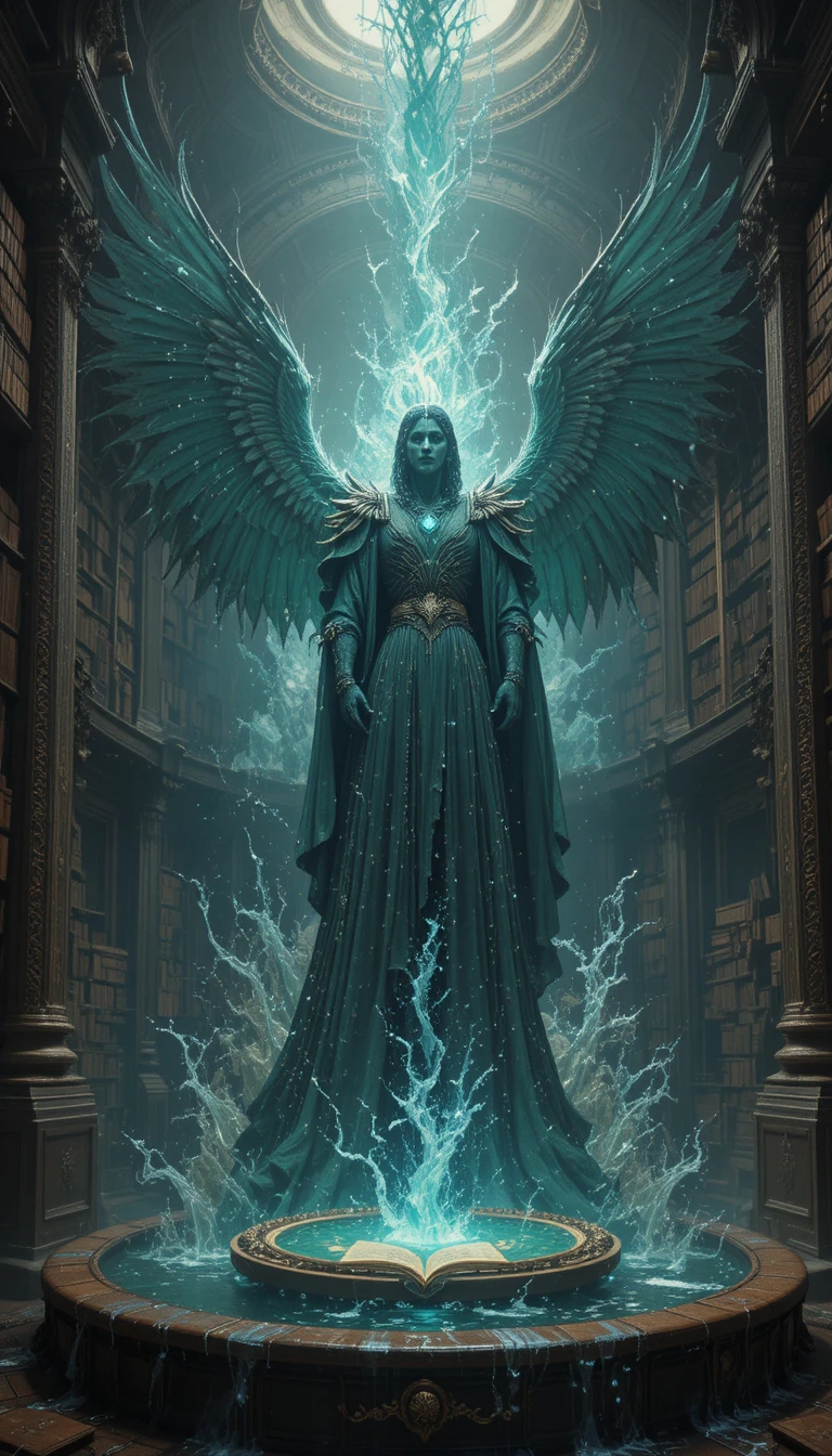 Grifo majestoso sobre livros antigos em luz de fantasia onírica