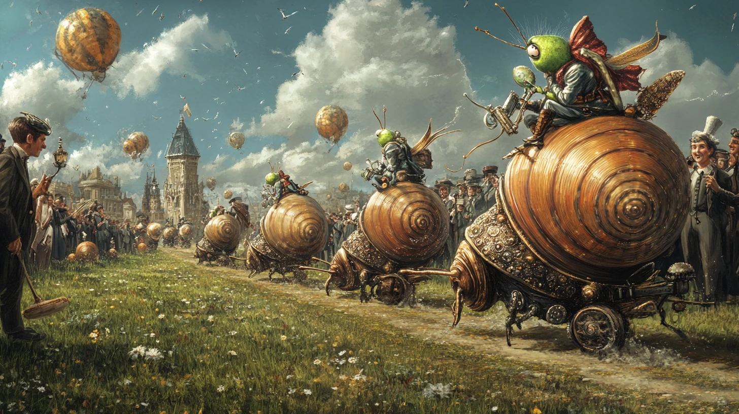 Steampunk great snail race with cheering fantasy spectators