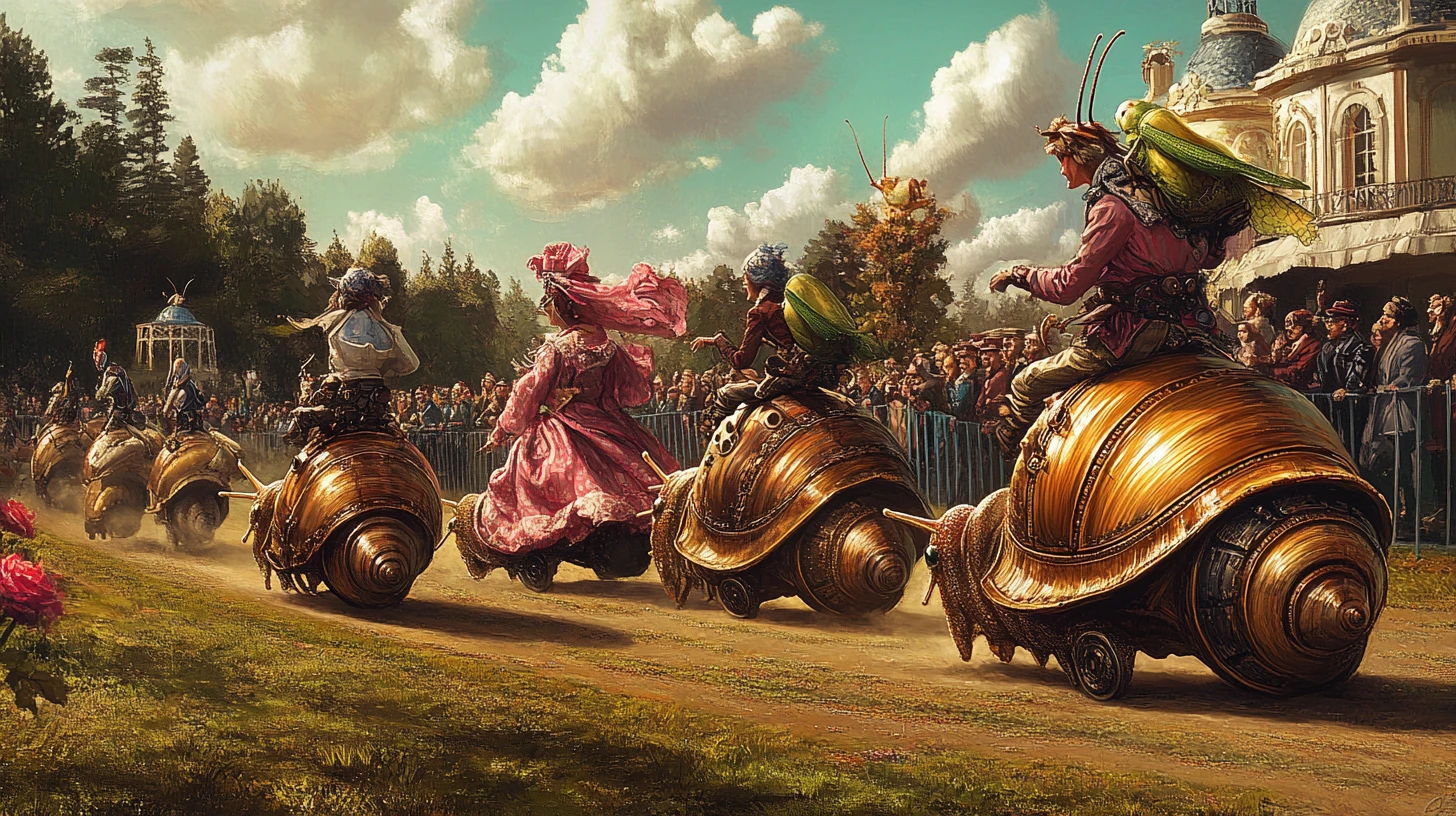 Steampunk Snail Race With Grasshopper Riders And Cheering Crowd