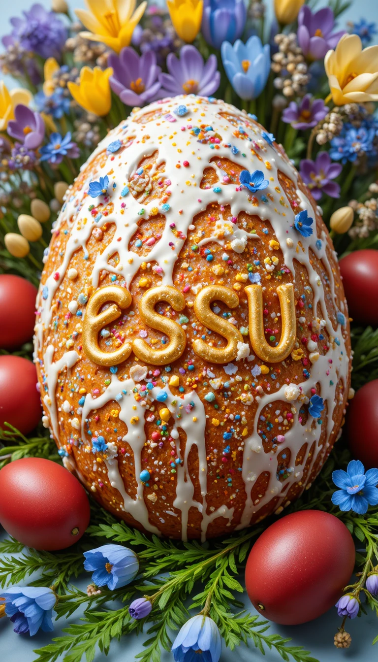 Pane di Pasqua con uova rosse e fiori di croco primaverili