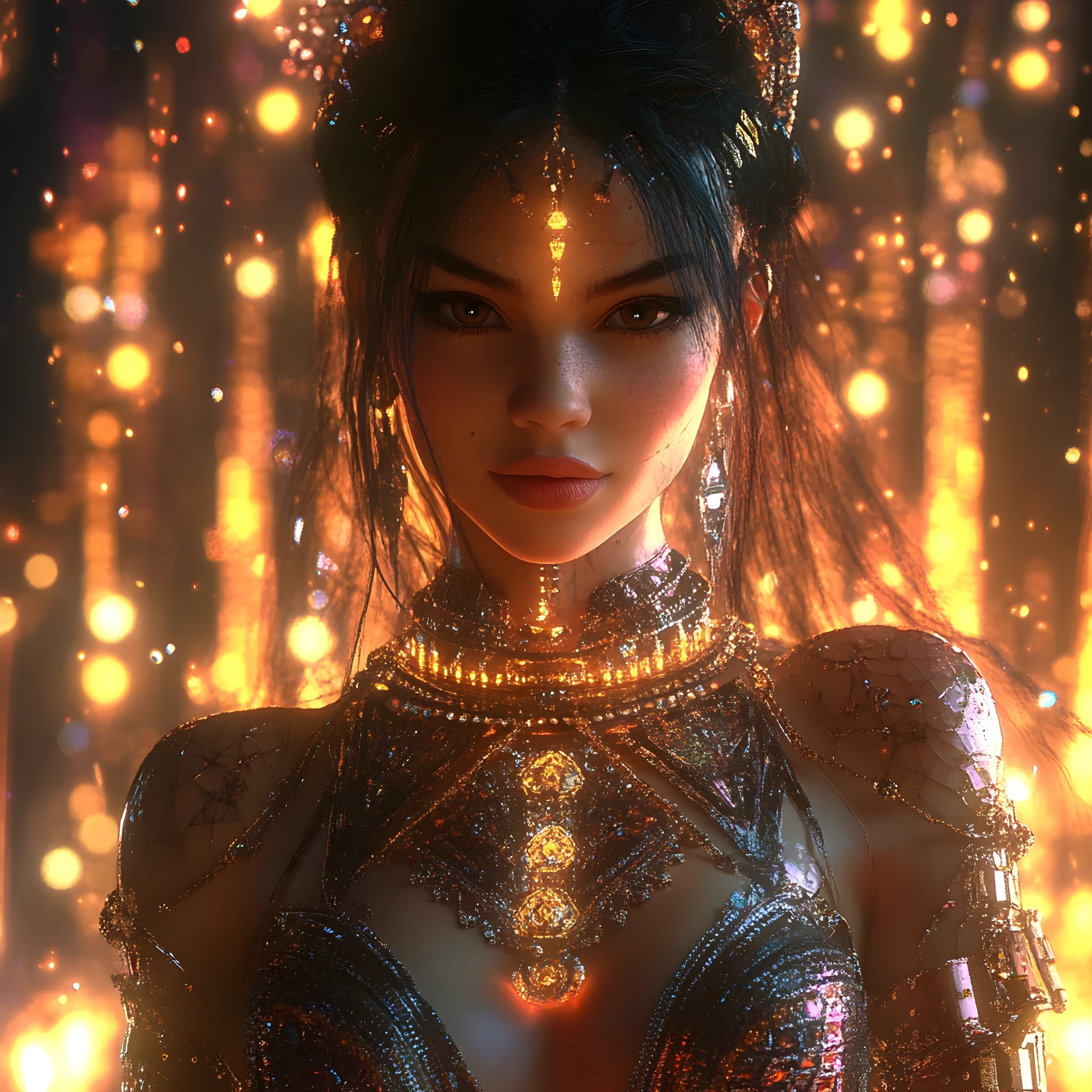 Hyperrealistische Cyberpunk-Frau in juwelenbesetztem Diamant-Outfit