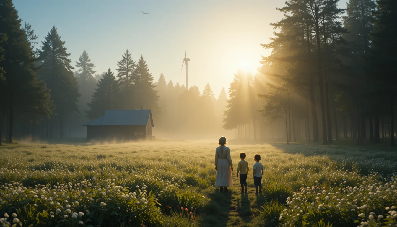 Plano general cinematográfico de un bosque pacífico y neblinoso al amanecer