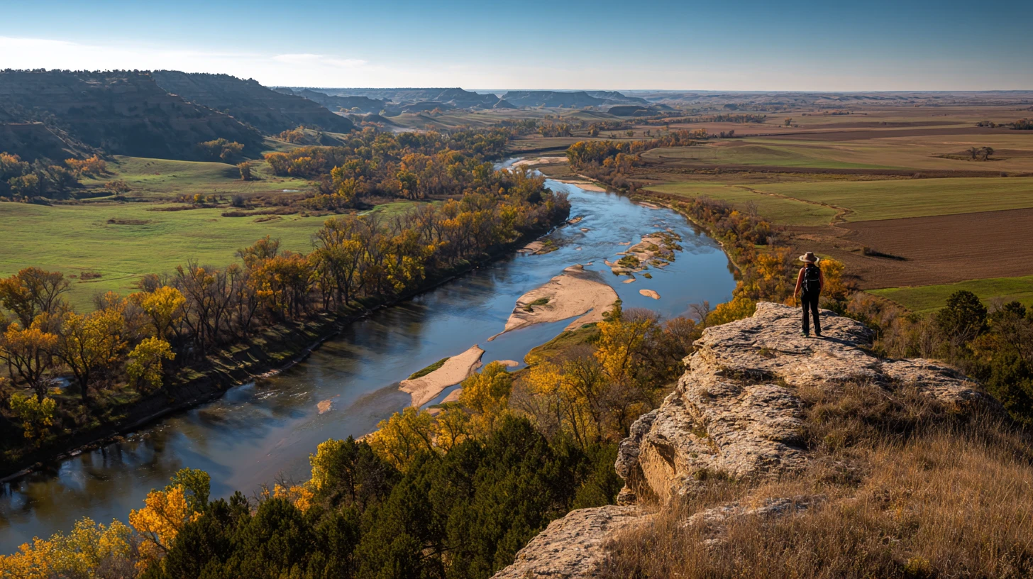 Woman on bluff overlooking the Niobrara River landscape