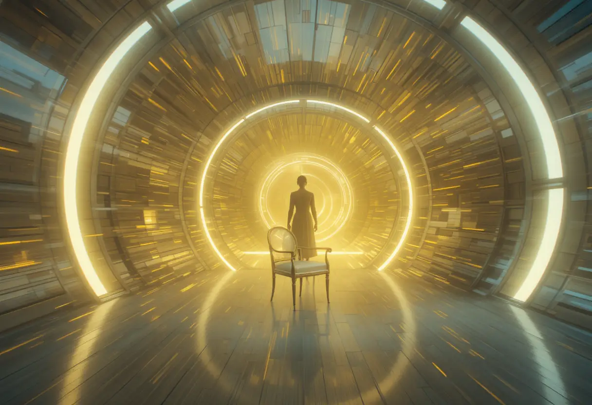 Lone figure in a glowing ufo inside futuristic room