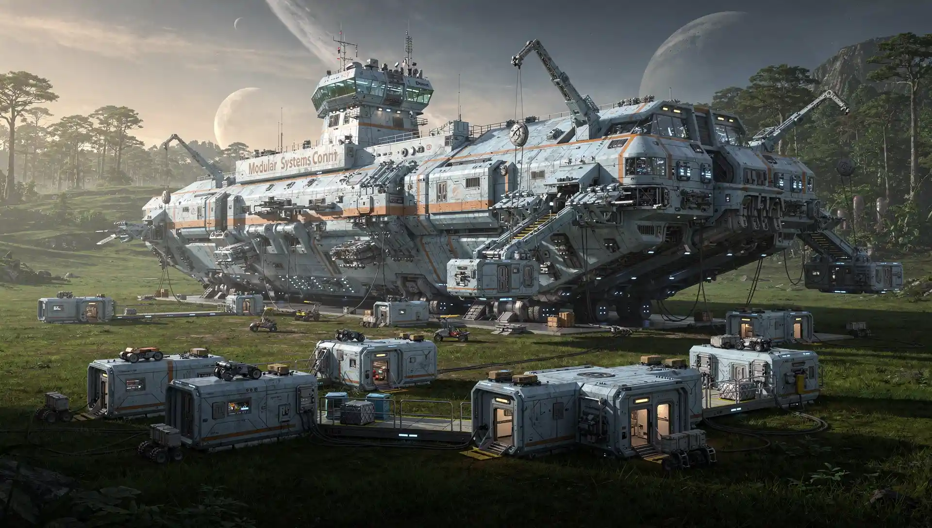 Gigantic Modular Cargo Starship Landed On Green Planet