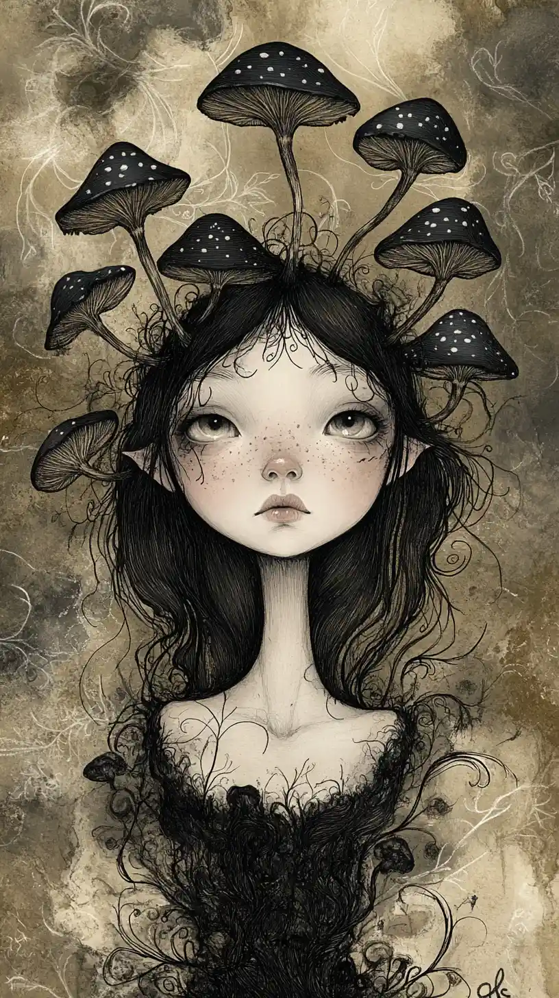 Whimsical gothic girl with mushroom shoulders in swirling forest