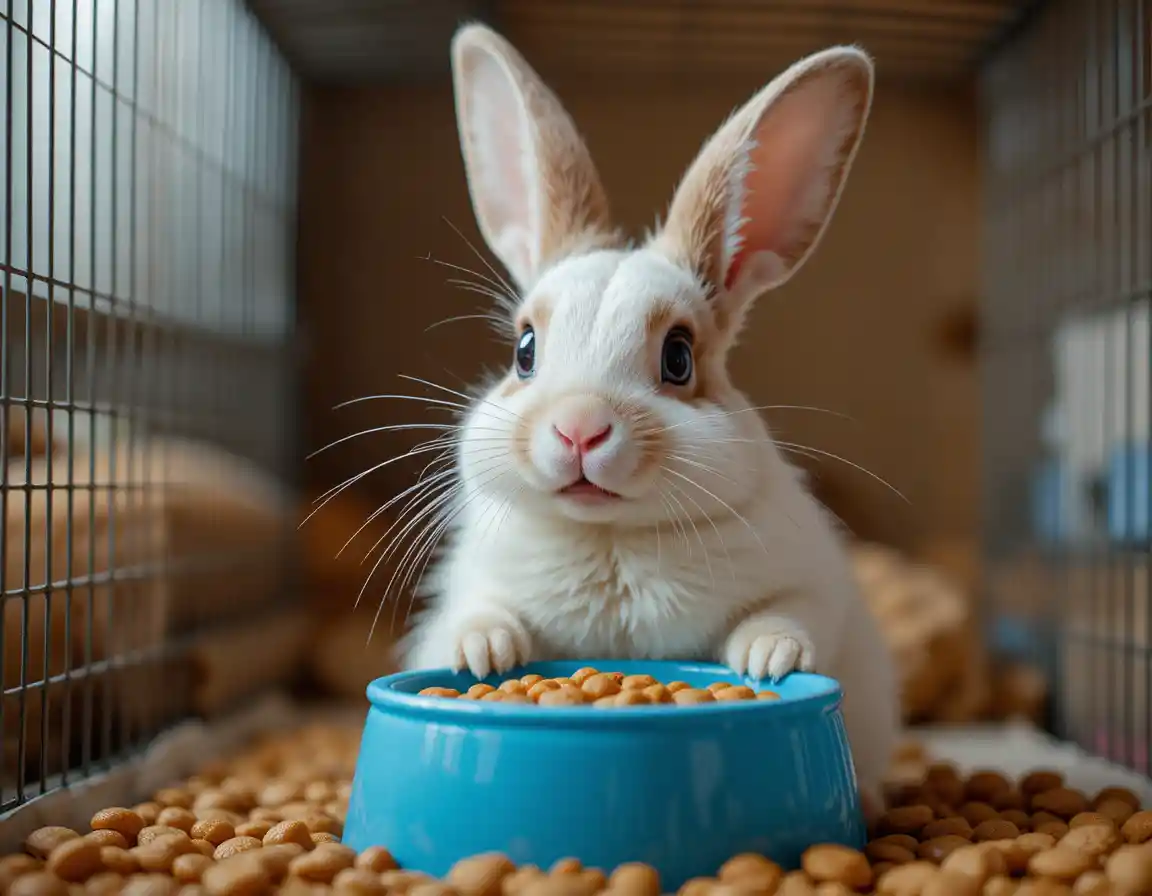 Cute pet rabbit lifting a blue food bowl in protest
