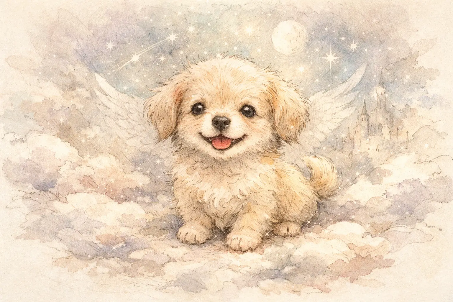 小さな笑顔の子犬の繊細なペンと水彩画イラスト