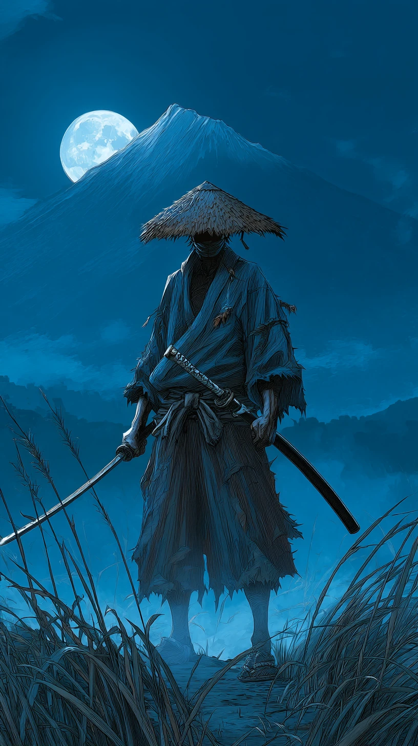 Lone ronin in moonlit grass before distant mountain peak