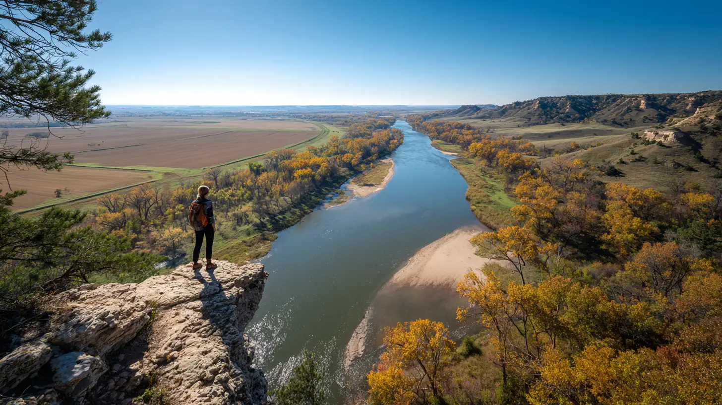 Frau auf einer Klippe mit Blick auf eine helle Flusslandschaft im Mittleren Westen