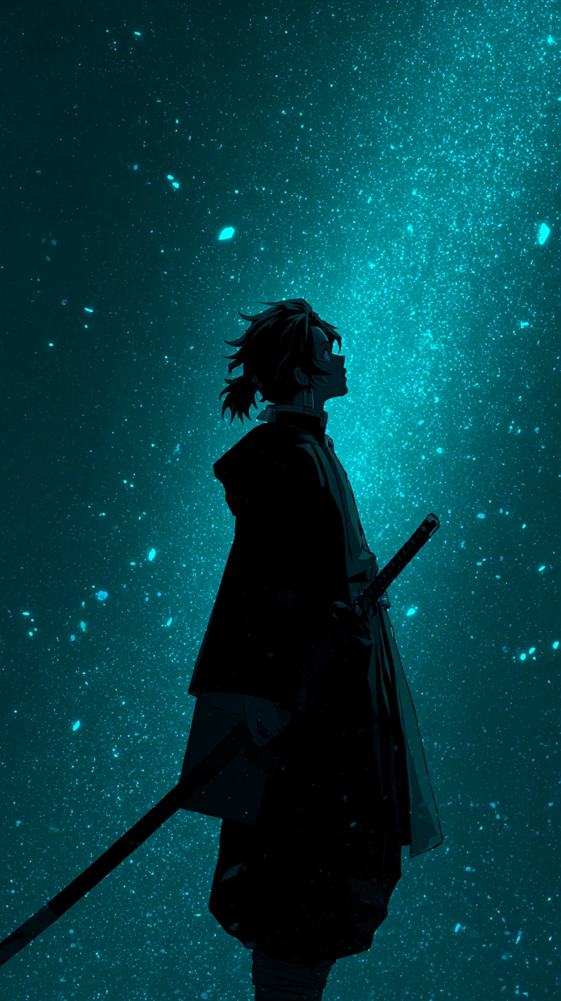 Espadachim de anime em perfil diante de um vazio cósmico azul-petróleo brilhante