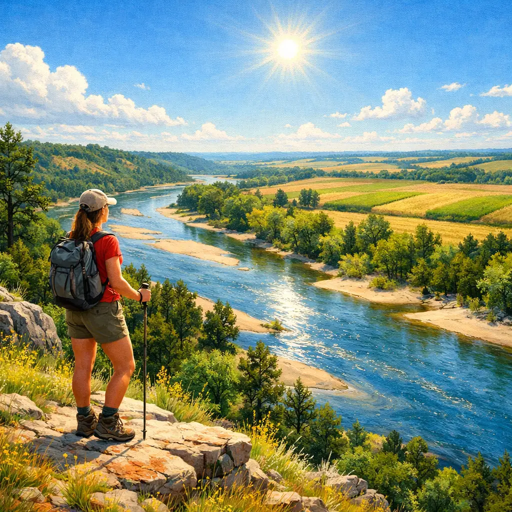 Frau auf Klippe mit Blick auf die sich windende Flusslandschaft in Nebraska