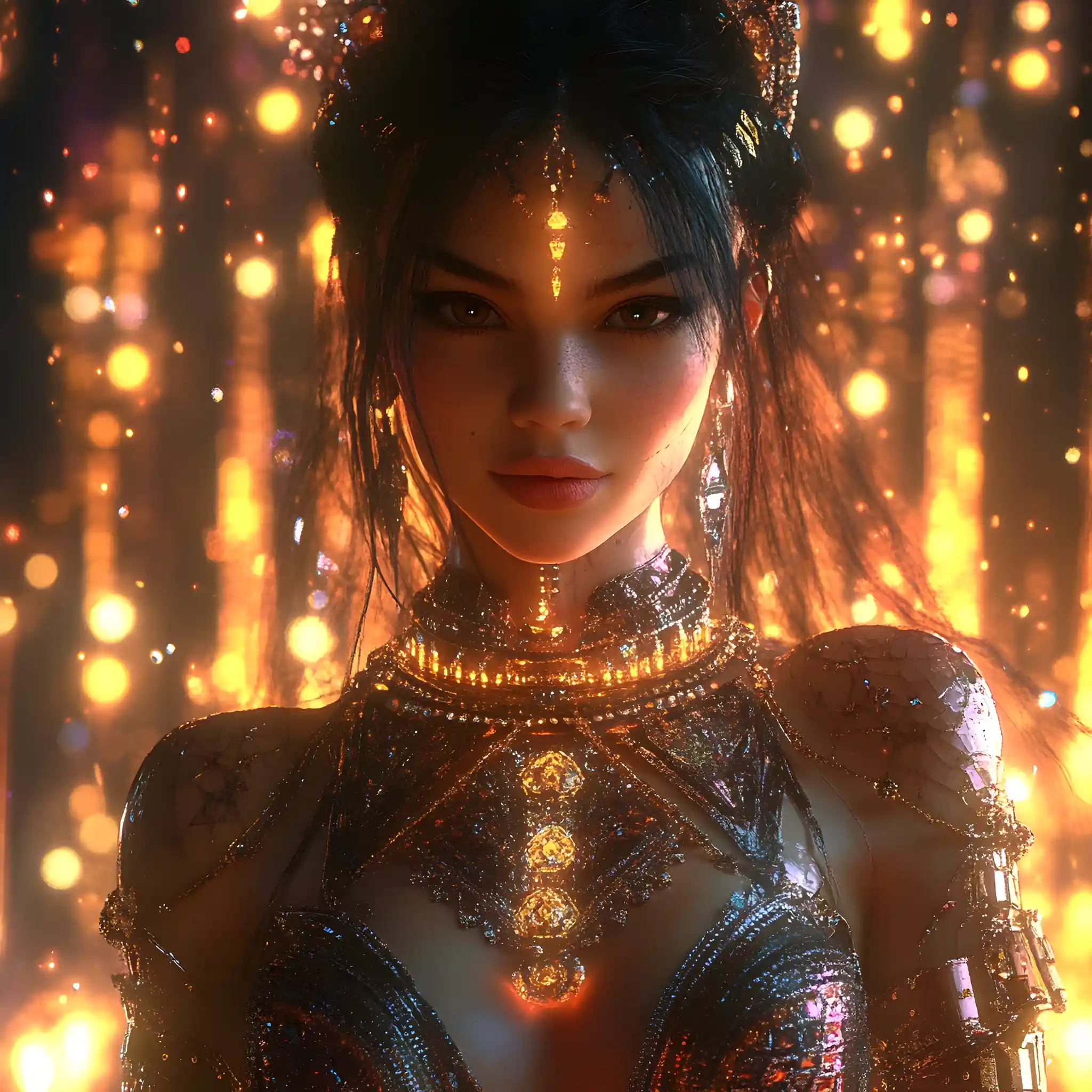 Hyperrealistische Cyberpunk-Frau in juwelenbesetztem Diamant-Outfit