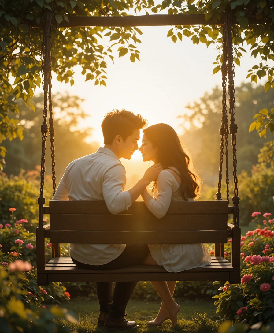 Pareja romántica en un columpio de jardín de madera al atardecer