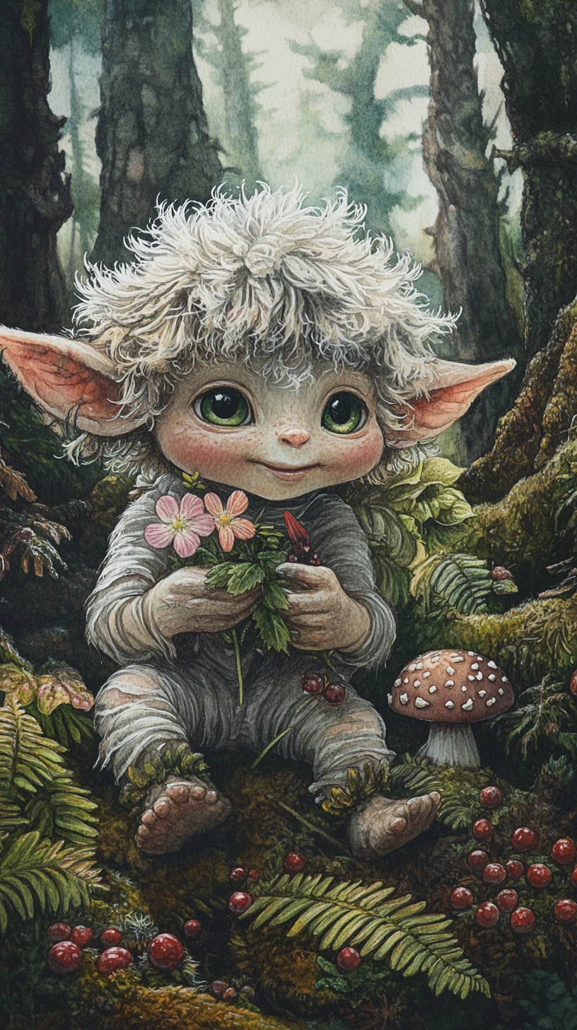 Adorável trollzinho colhendo flores mágicas na floresta
