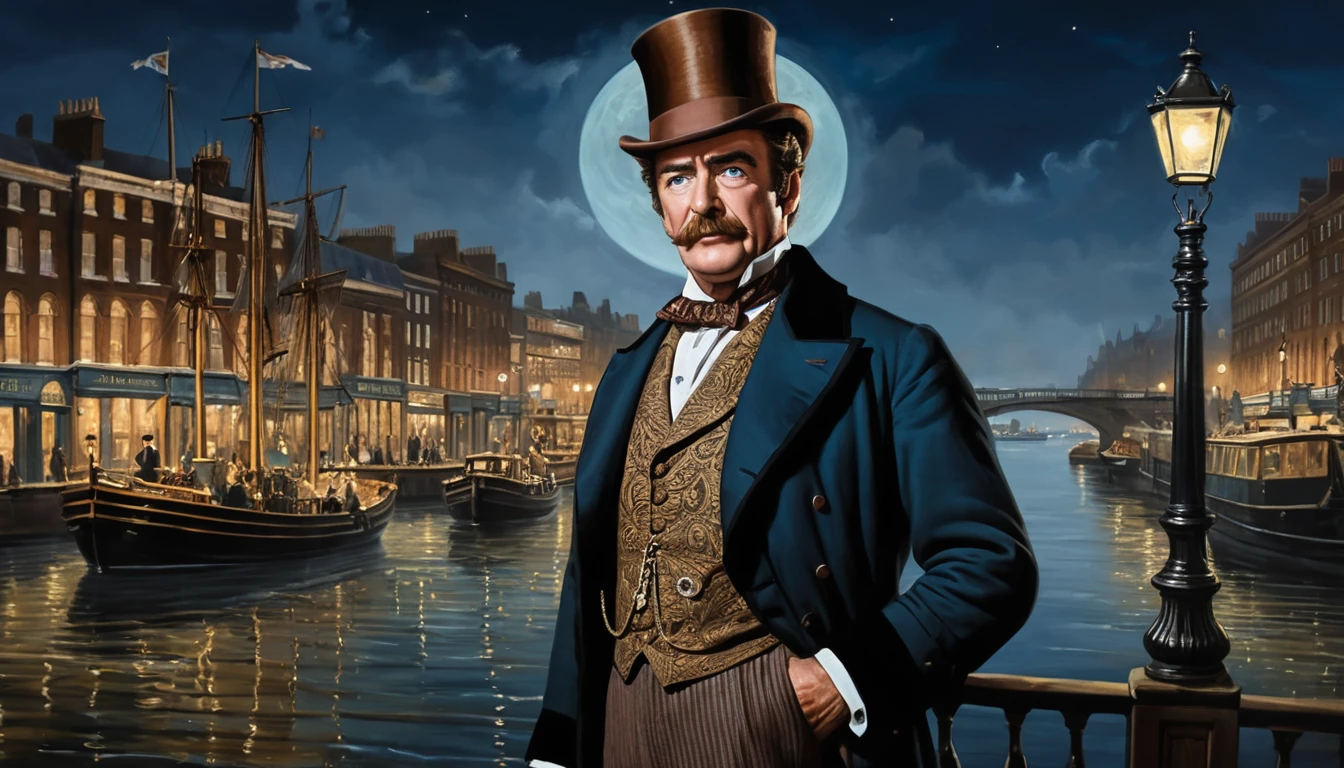 Elegant English gentleman at a Victorian Liverpool harbor at night