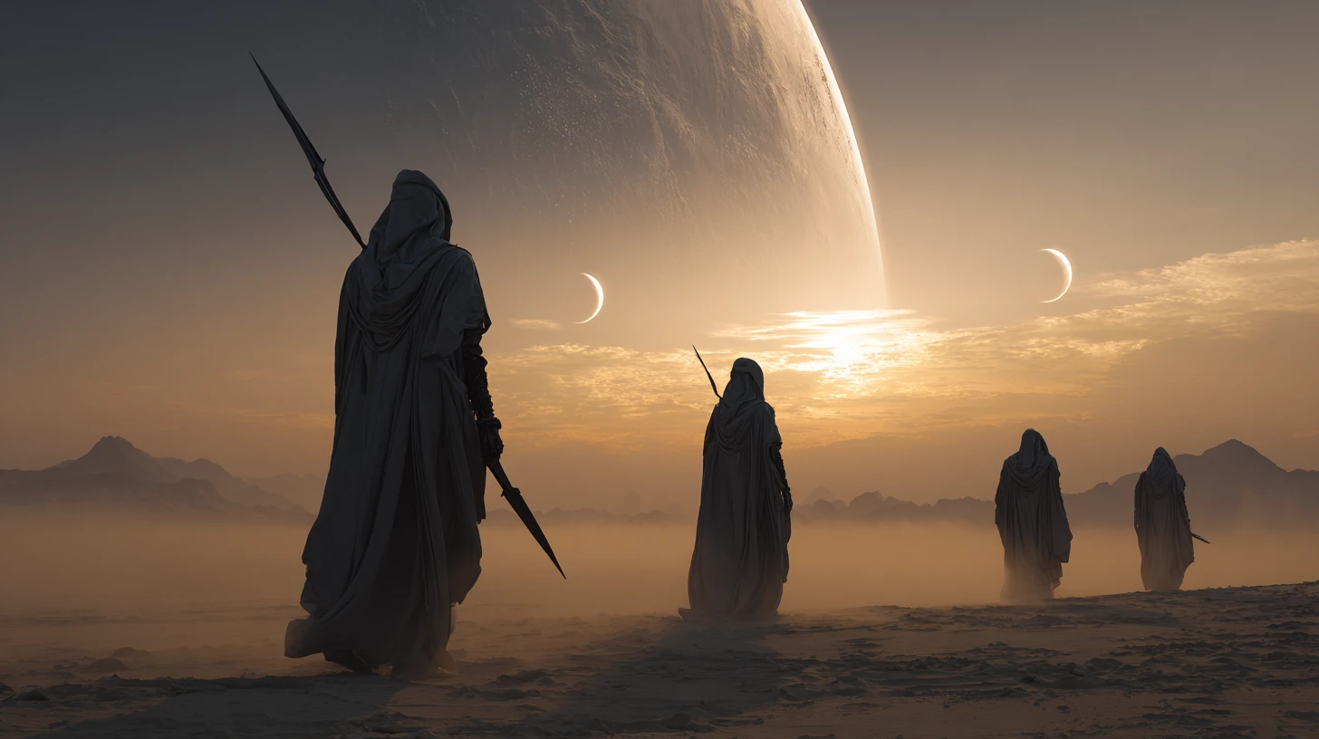 Alta sacerdotisa alienígena do deserto com guardas sob sóis gêmeos