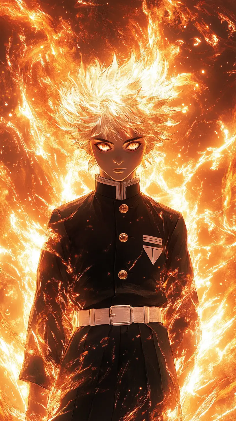 Garoto de anime de uniforme preto em meio a energia incandescente
