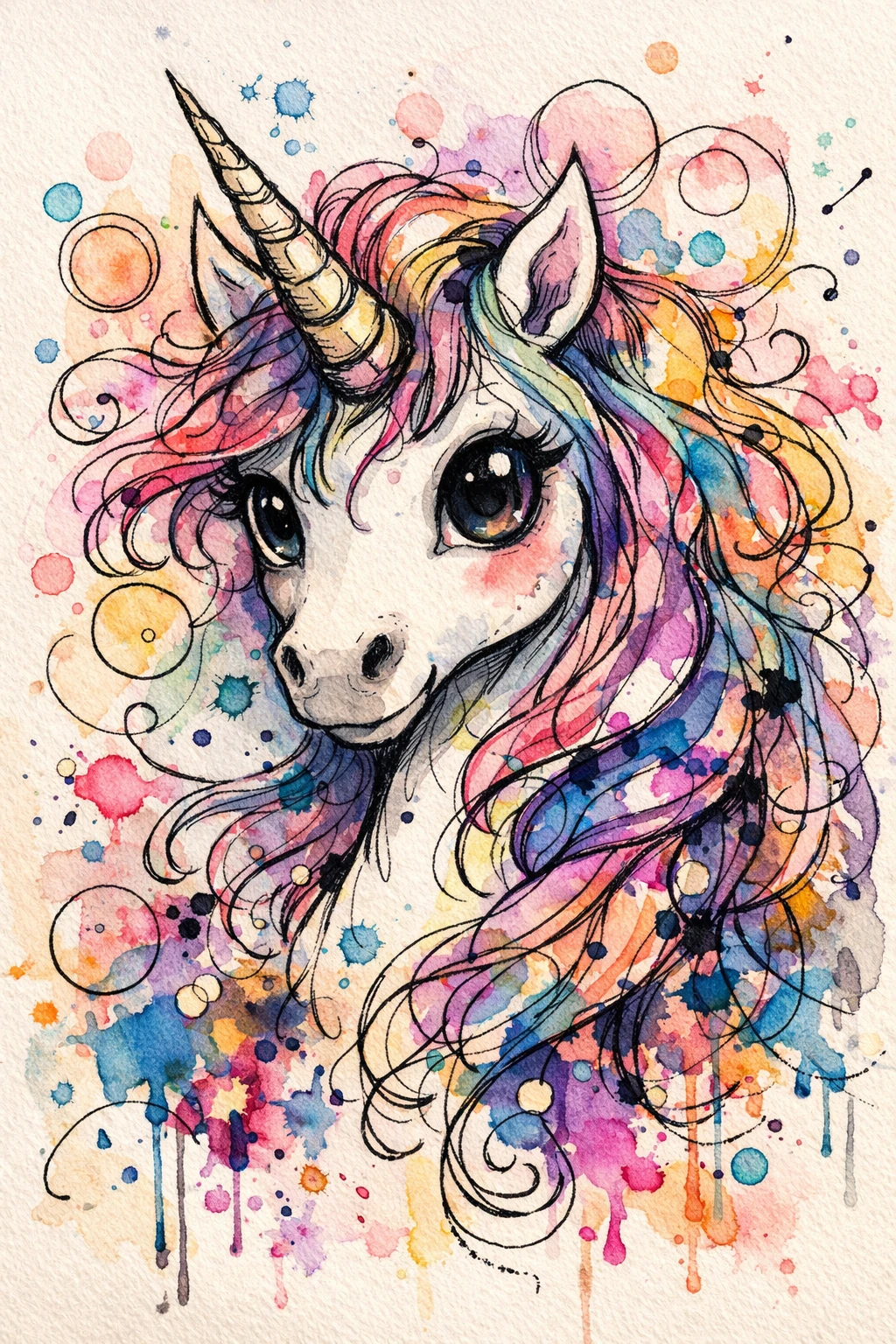 Ritratto sognante di unicorno con fluente criniera d’inchiostro colorato