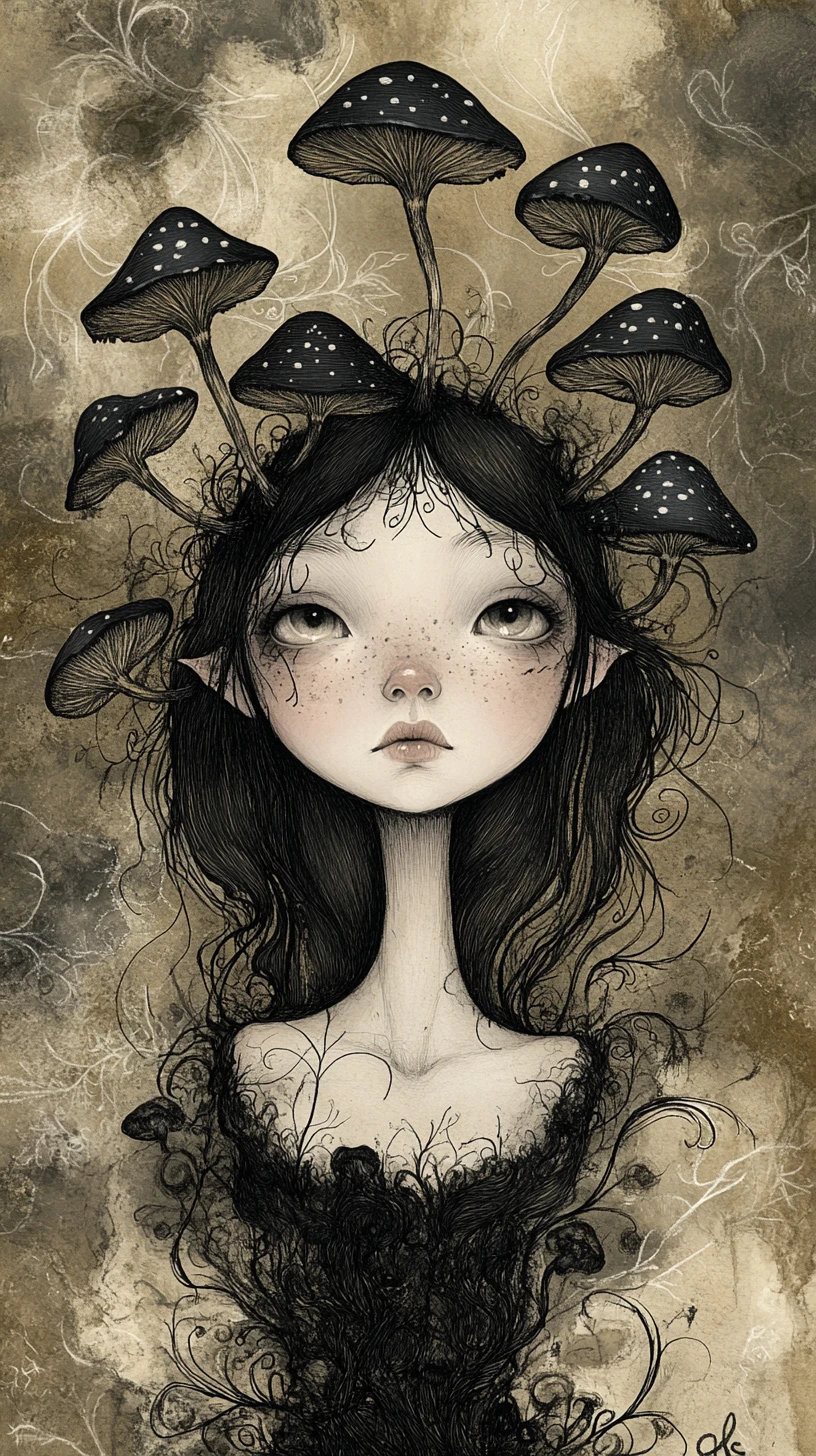 Whimsical gothic girl with mushroom shoulders in swirling forest