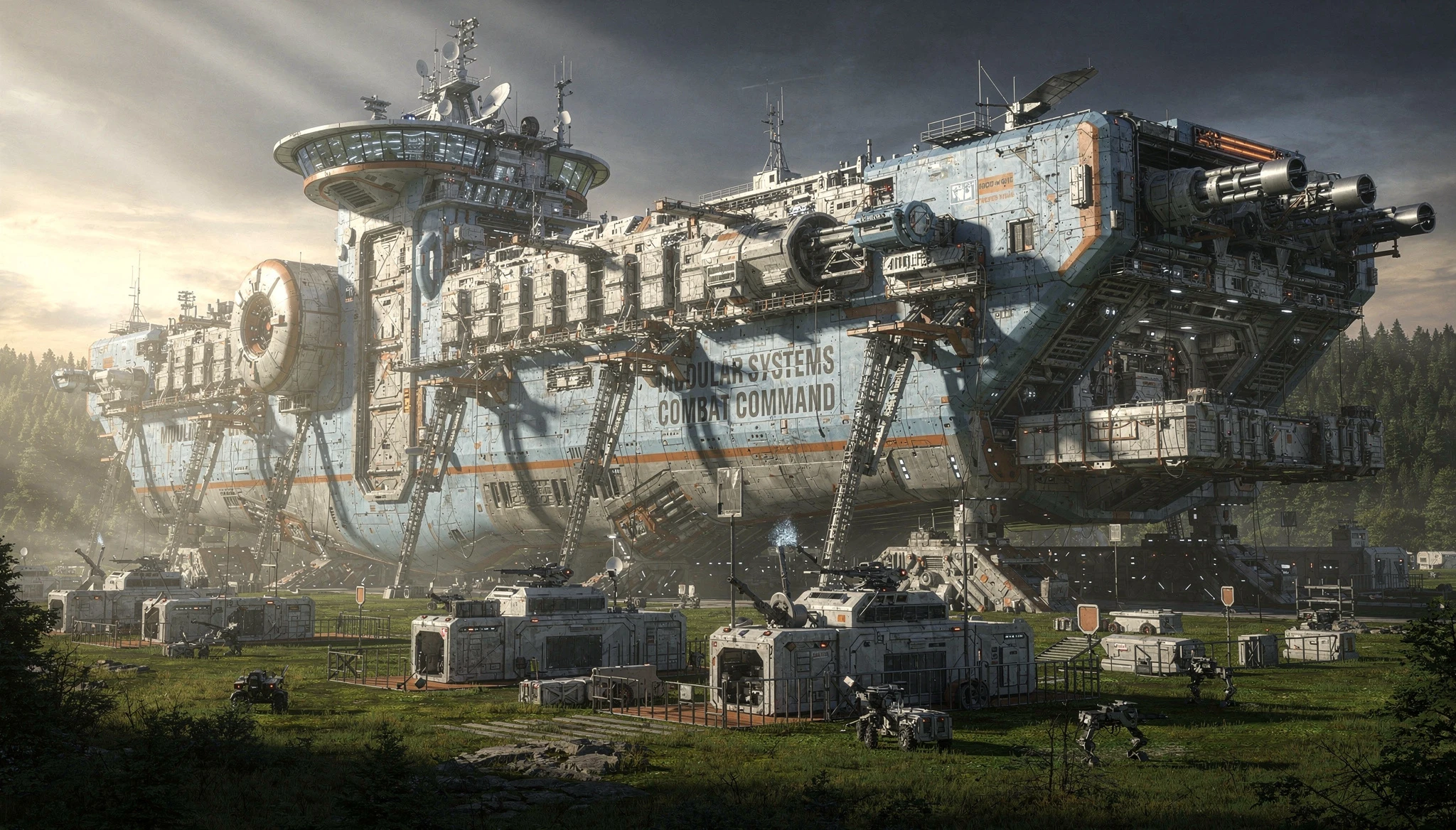 Massive modular cargo starship landed on green alien world