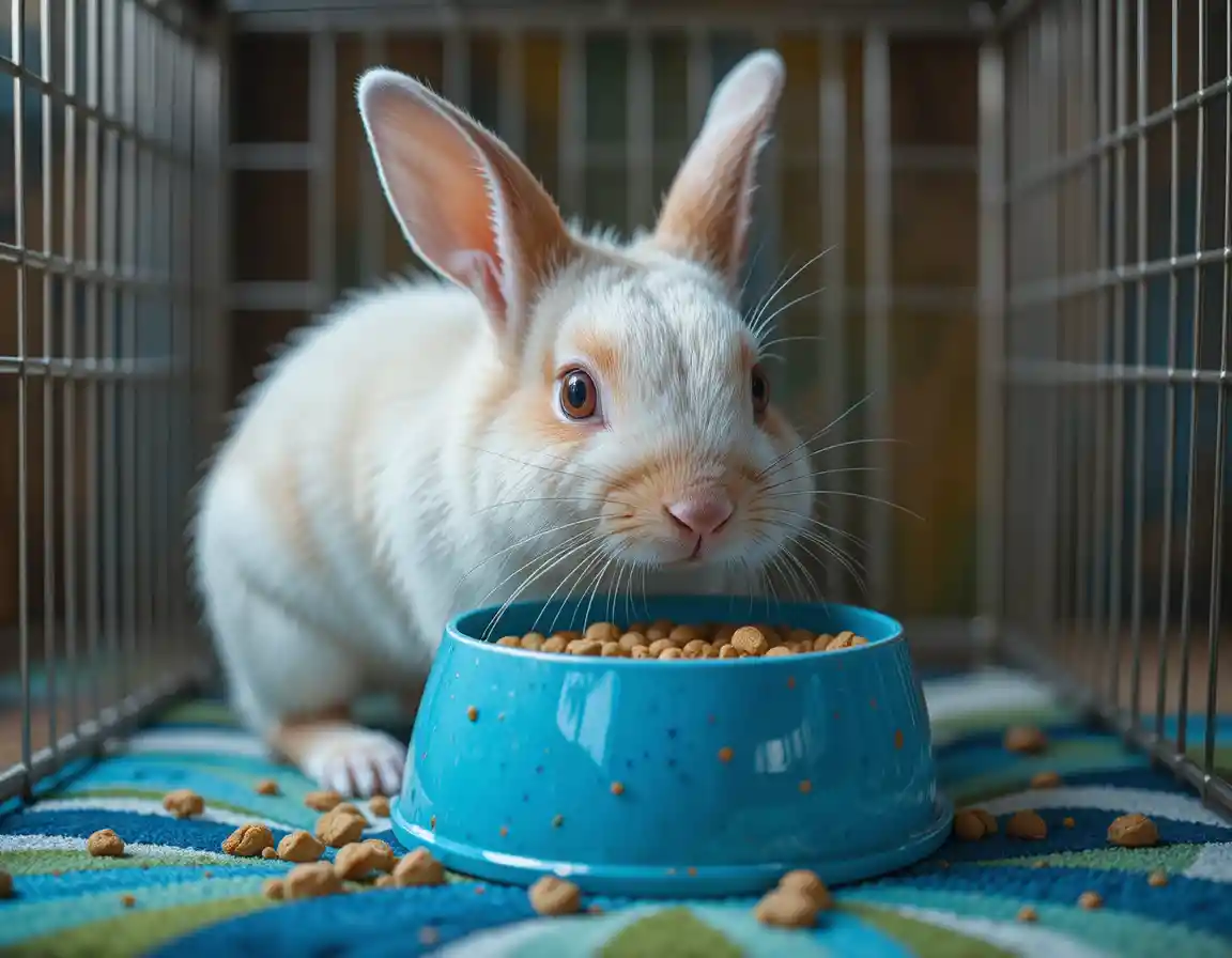 Cute domestic rabbit eating from a blue food bowl