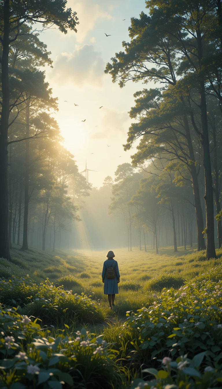 Vista panorámica cinematográfica de un amanecer tranquilo en un bosque con niebla