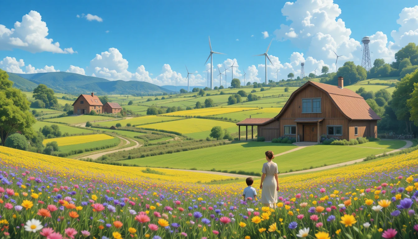 Paisaje de granja futurista con mujer mayor y niños