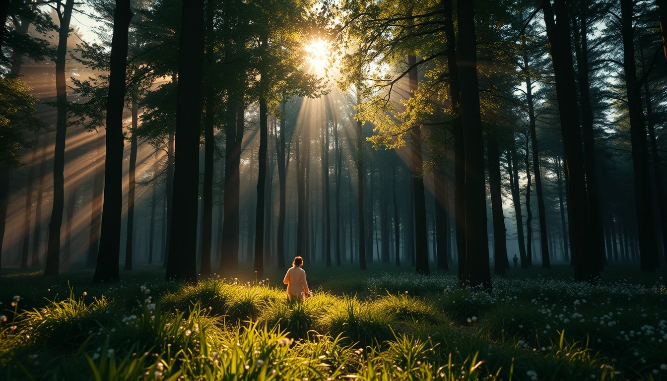 Vista panorámica cinematográfica de un bosque tranquilo al amanecer