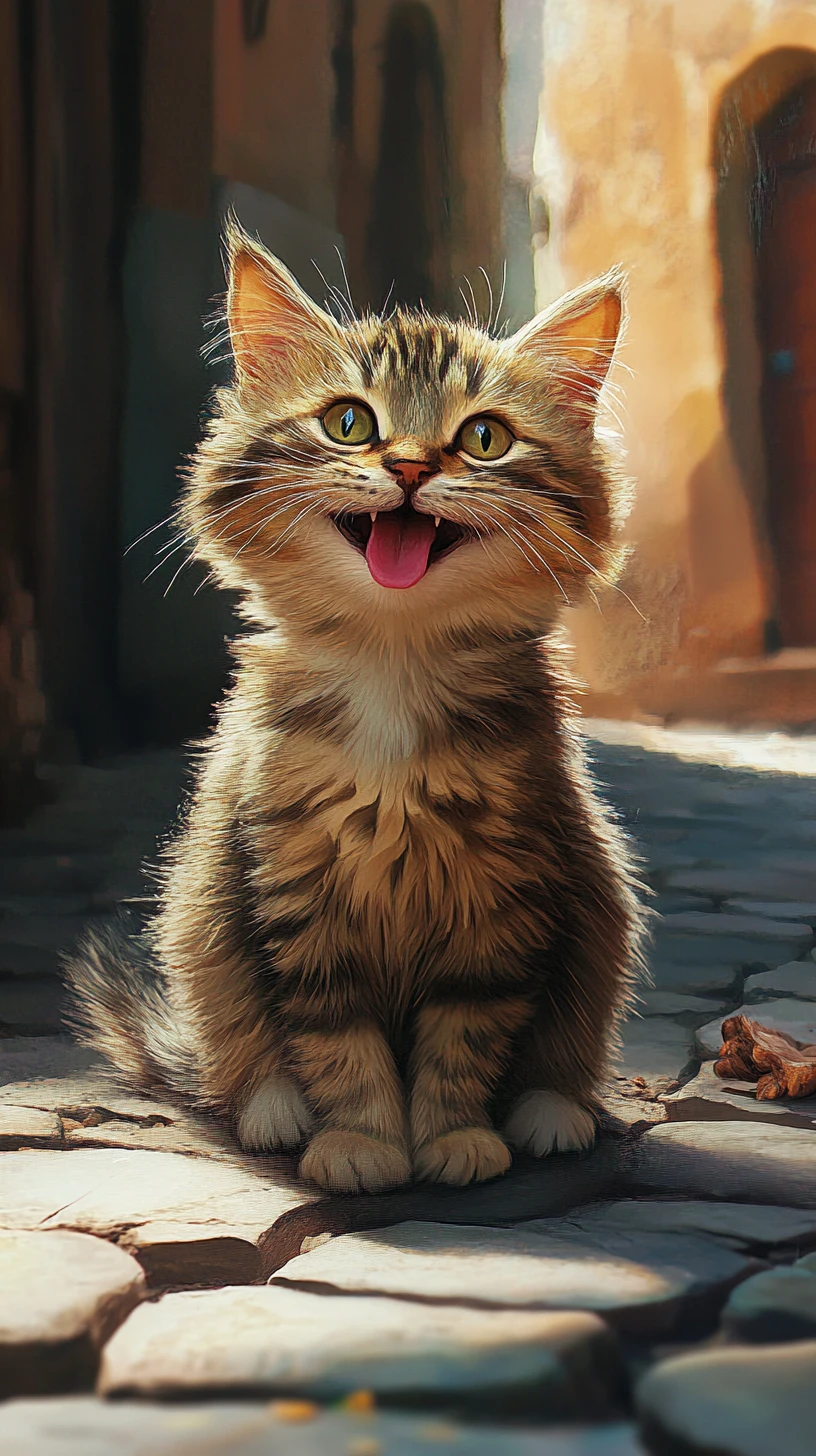 Gatinho fofo de desenho animado pedindo em uma rua de paralelepípedos aquecida