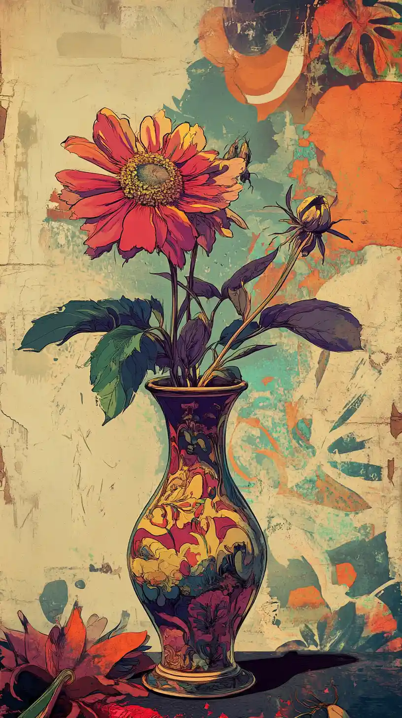Illustrazione art déco colorata di un vaso con un unico fiore