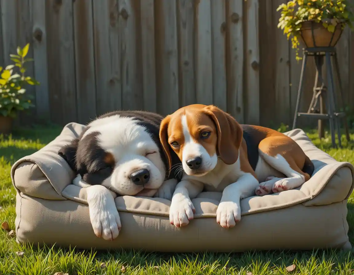 Two dogs sleeping together on a soft bed in sunlight