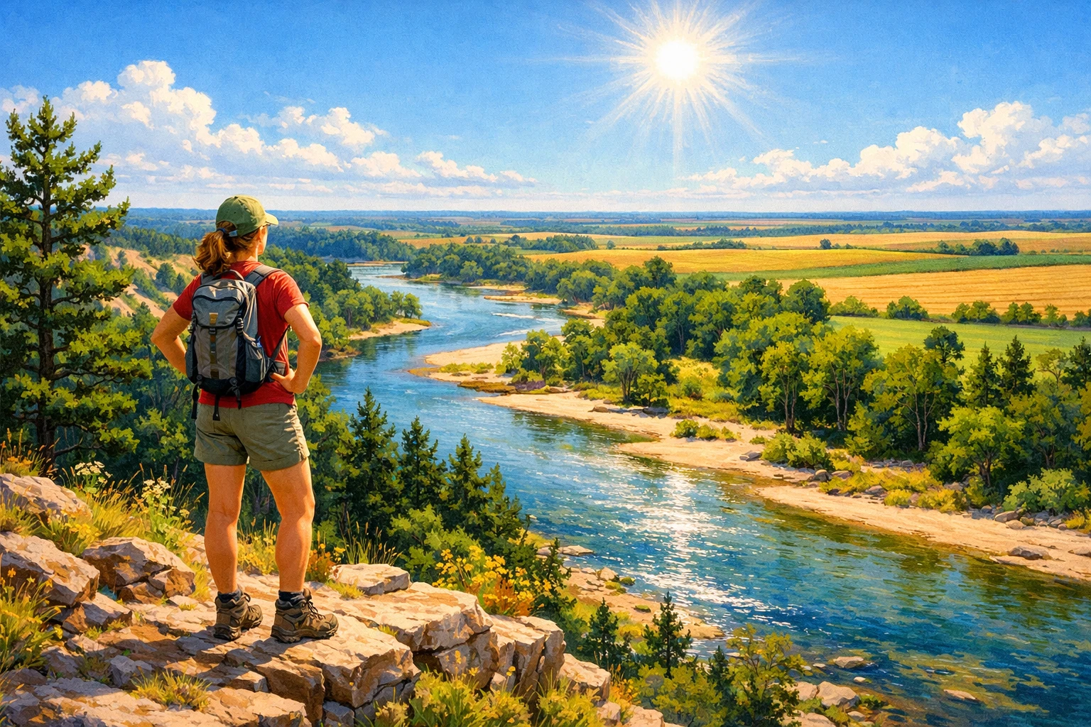Caminhante em penhasco de Nebraska observando o sinuoso rio Niobrara
