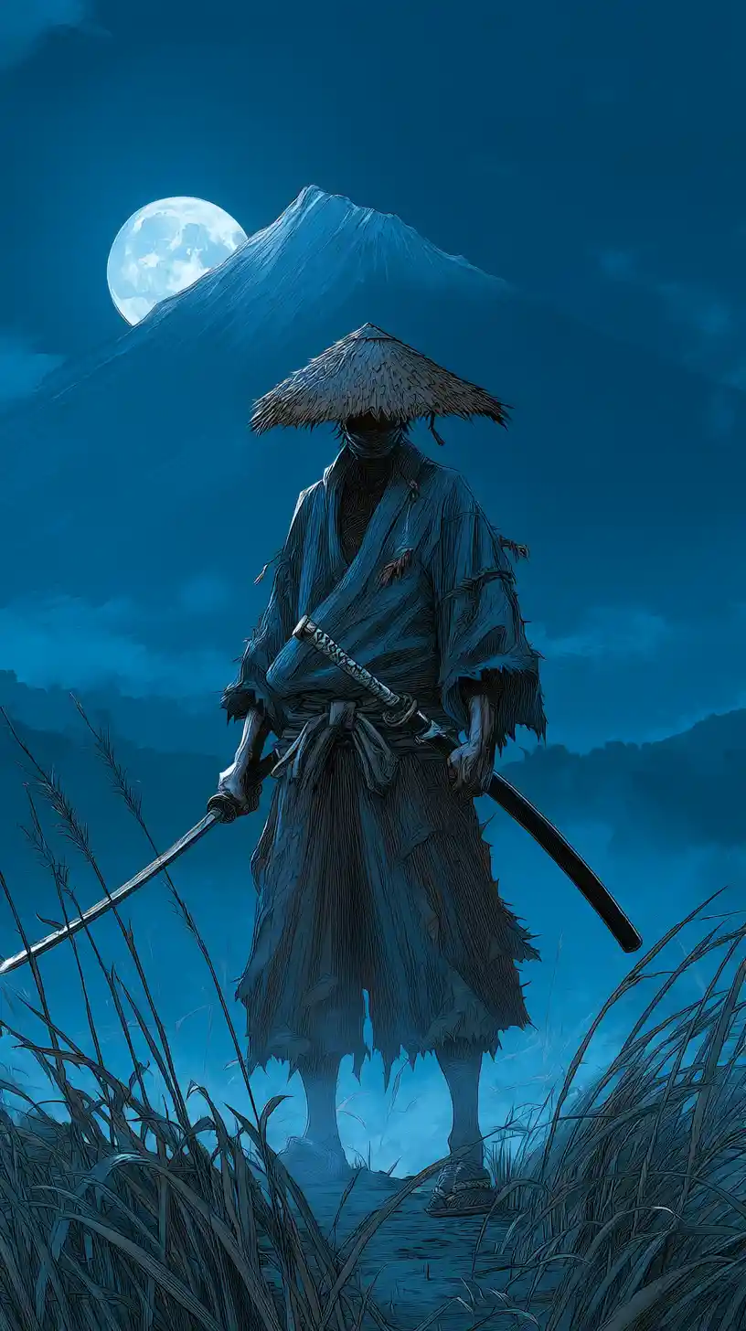 Lone ronin in moonlit grass before distant mountain peak
