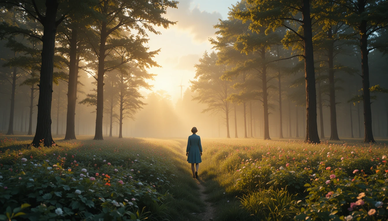 Vista panorámica cinematográfica de un bosque brumoso al amanecer