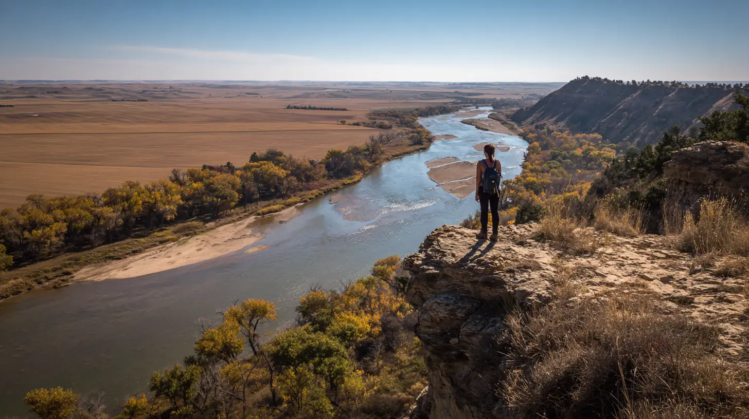 Frau auf einem Felsvorsprung mit Blick auf die Landschaft des Niobrara River
