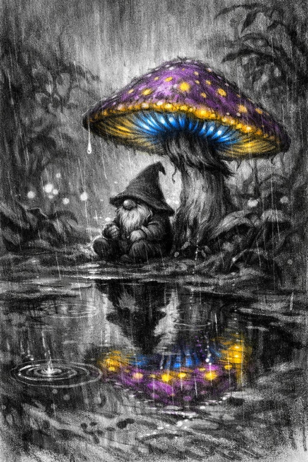 Gnome Sous un Champignon dans un Jardin Fantastique Pluvieux au Crépuscule