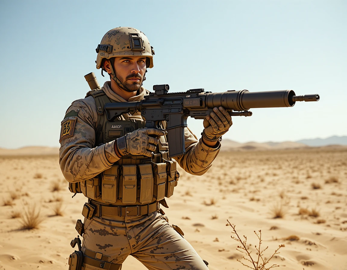 Soldado Mirando Lança-Foguetes em Cena de Combate no Deserto Claro