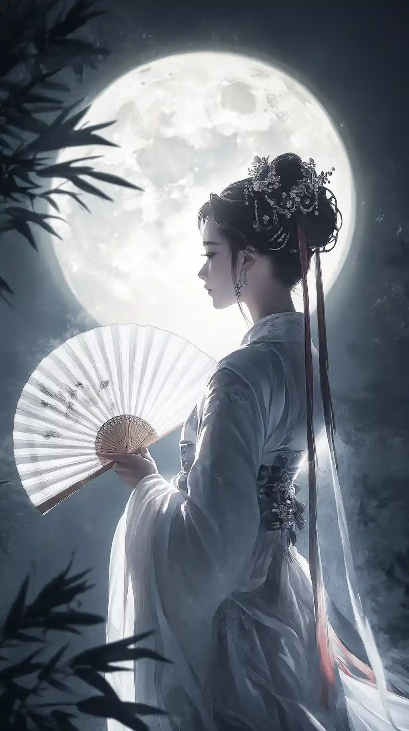 Woman in flowing white robes before a luminous full moon