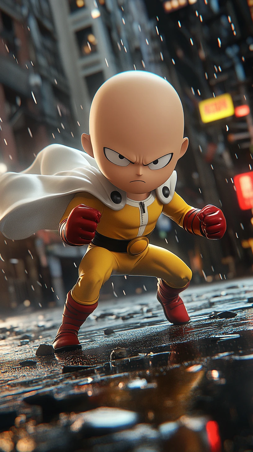 Super-herói careca chibi agachado em rua molhada da cidade