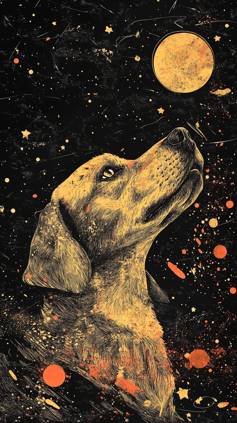 Retrato cômico em contra-plongée de um cachorro sob a lua