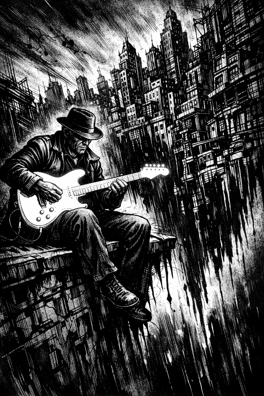 Guitarrista de blues em terraço urbano em estilo noir gráfico