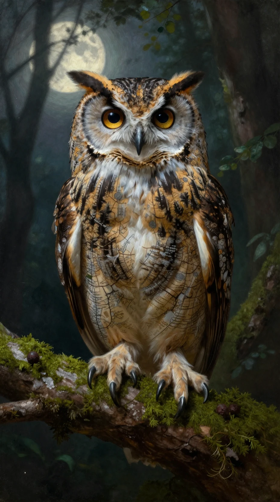 Hibou majestueux sur une branche moussue dans une forêt au clair de lune